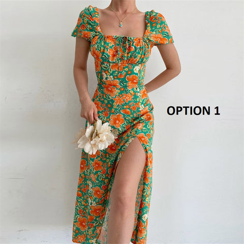 Summer Elegant Floral Print Puff Short Sleeve Square Neck Tie Up High Split Wrap Dress CODE: KAR2088