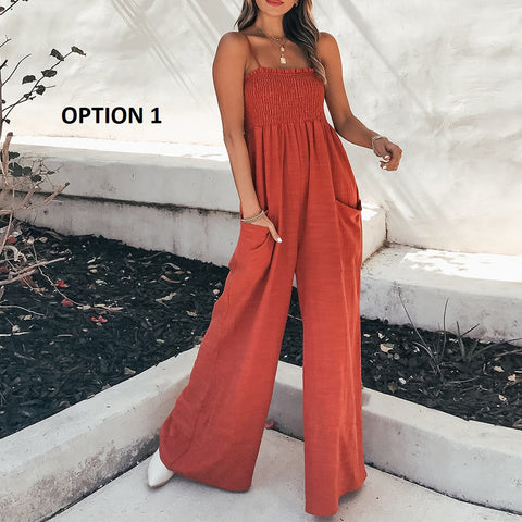 New Fashion Solid Color Ruched Strap Casual Sleeveless High Waist Loose Pocket Jumpsuit CODE: KAR2090