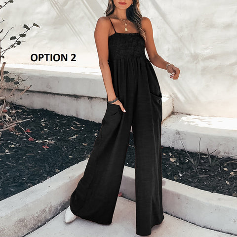 New Fashion Solid Color Ruched Strap Casual Sleeveless High Waist Loose Pocket Jumpsuit CODE: KAR2090