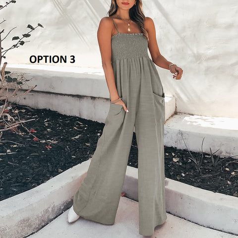 New Fashion Solid Color Ruched Strap Casual Sleeveless High Waist Loose Pocket Jumpsuit CODE: KAR2090