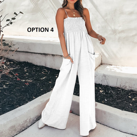 New Fashion Solid Color Ruched Strap Casual Sleeveless High Waist Loose Pocket Jumpsuit CODE: KAR2090