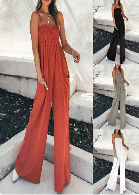 New Fashion Solid Color Ruched Strap Casual Sleeveless High Waist Loose Pocket Jumpsuit CODE: KAR2090