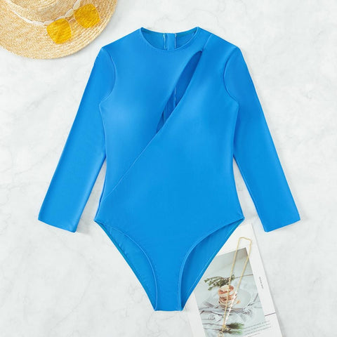 Sexy Hollow Out Long Sleeves Slim Fit Round Neck Back Zipper Closure Swimwear CODE: KAR2102
