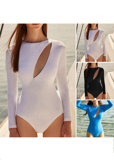 Sexy Hollow Out Long Sleeves Slim Fit Round Neck Back Zipper Closure Swimwear CODE: KAR2102