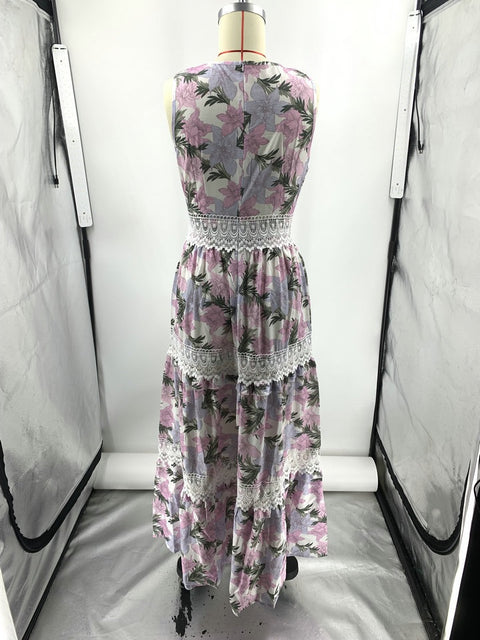 Summer Print Fashion V-neck Sleeveless Lace Spliced Elegant Casual High Waist A-line Long Maxi Dress CODE: KAR2104