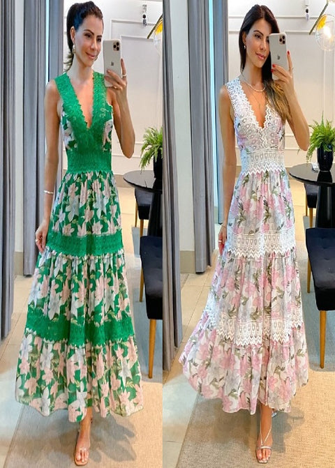 Summer Print Fashion V-neck Sleeveless Lace Spliced Elegant Casual High Waist A-line Long Maxi Dress CODE: KAR2104