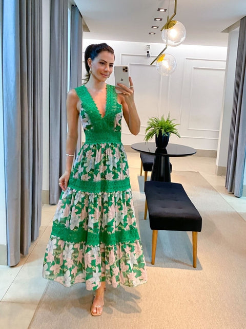 Summer Print Fashion V-neck Sleeveless Lace Spliced Elegant Casual High Waist A-line Long Maxi Dress CODE: KAR2104