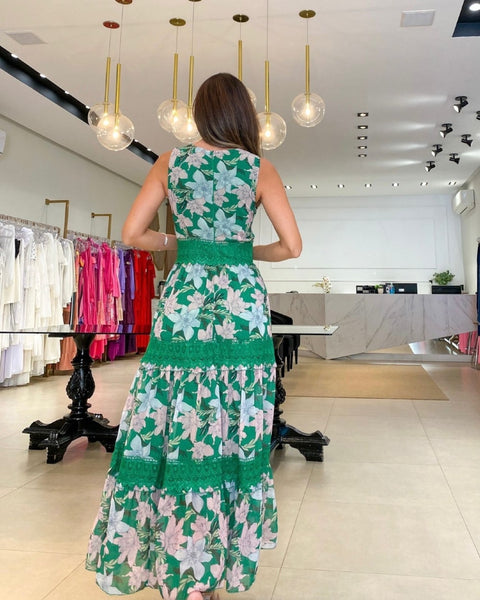 Summer Print Fashion V-neck Sleeveless Lace Spliced Elegant Casual High Waist A-line Long Maxi Dress CODE: KAR2104