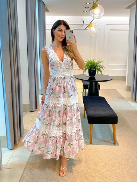 Summer Print Fashion V-neck Sleeveless Lace Spliced Elegant Casual High Waist A-line Long Maxi Dress CODE: KAR2104
