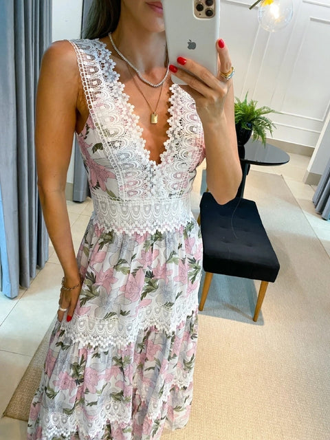 Summer Print Fashion V-neck Sleeveless Lace Spliced Elegant Casual High Waist A-line Long Maxi Dress CODE: KAR2104