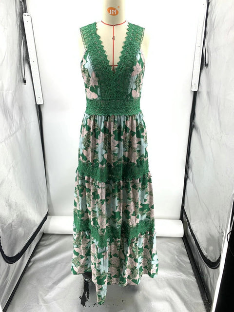 Summer Print Fashion V-neck Sleeveless Lace Spliced Elegant Casual High Waist A-line Long Maxi Dress CODE: KAR2104