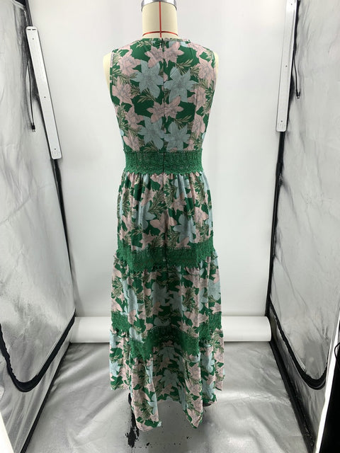 Summer Print Fashion V-neck Sleeveless Lace Spliced Elegant Casual High Waist A-line Long Maxi Dress CODE: KAR2104