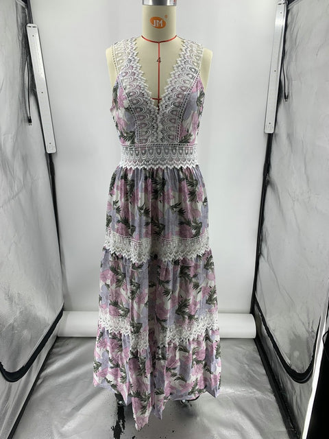 Summer Print Fashion V-neck Sleeveless Lace Spliced Elegant Casual High Waist A-line Long Maxi Dress CODE: KAR2104