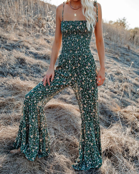 New Small Floral Sexy Suspender Bell Bottoms Wide Leg Jumpsuit CODE: KAR2107