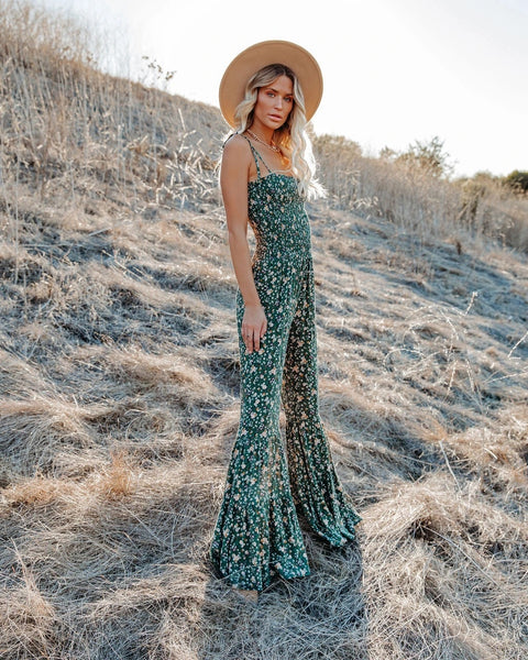New Small Floral Sexy Suspender Bell Bottoms Wide Leg Jumpsuit CODE: KAR2107