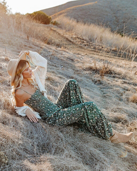 New Small Floral Sexy Suspender Bell Bottoms Wide Leg Jumpsuit CODE: KAR2107