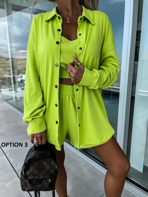 Summer Loose Solid Coat + Vest +Pocket Short Outfits Casual Three-Piece Set CODE: KAR2111