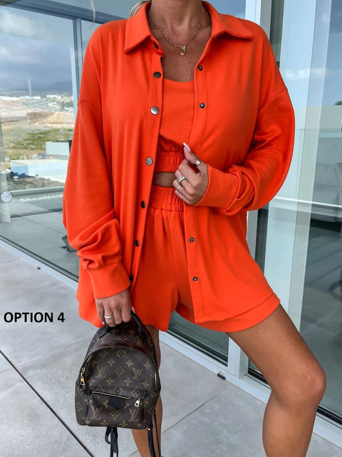 Summer Loose Solid Coat + Vest +Pocket Short Outfits Casual Three-Piece Set CODE: KAR2111