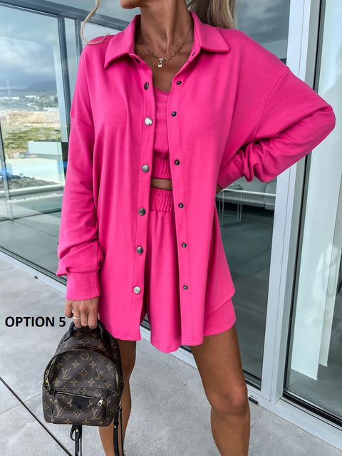 Summer Loose Solid Coat + Vest +Pocket Short Outfits Casual Three-Piece Set CODE: KAR2111