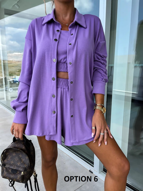 Summer Loose Solid Coat + Vest +Pocket Short Outfits Casual Three-Piece Set CODE: KAR2111