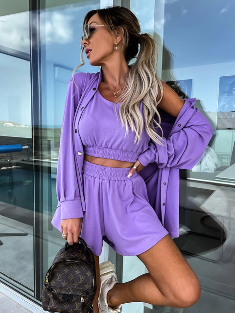 Summer Loose Solid Coat + Vest +Pocket Short Outfits Casual Three-Piece Set CODE: KAR2111