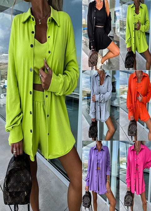 Summer Loose Solid Coat + Vest +Pocket Short Outfits Casual Three-Piece Set CODE: KAR2111