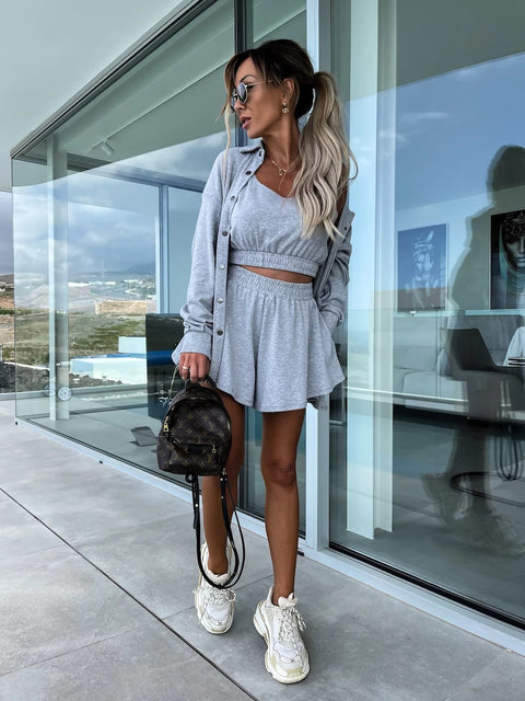 Summer Loose Solid Coat + Vest +Pocket Short Outfits Casual Three-Piece Set CODE: KAR2111