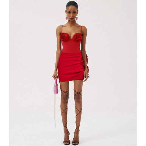 Summer Three-dimensional Floral Decorate Sexy Mini Fashion Strap Camisole Short Skirt Set CODE: KAR2114