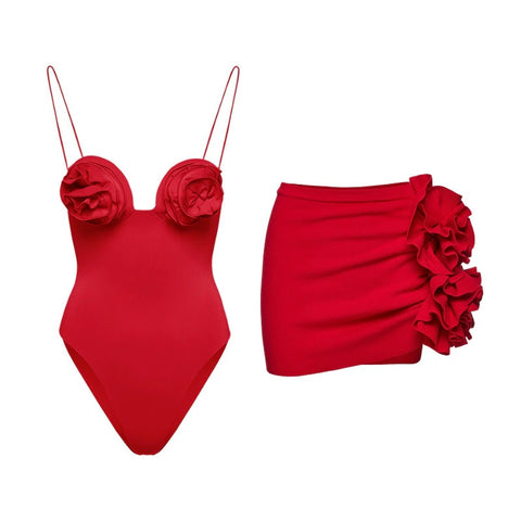 Summer Three-dimensional Floral Decorate Sexy Mini Fashion Strap Camisole Short Skirt Set CODE: KAR2114