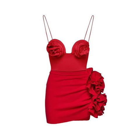 Summer Three-dimensional Floral Decorate Sexy Mini Fashion Strap Camisole Short Skirt Set CODE: KAR2114