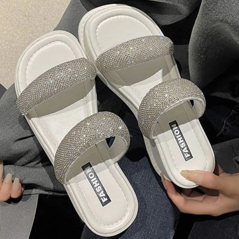 New Sequin Thick Bottoming Round Head Open Toe Flat Sandals CODE: KAR2116