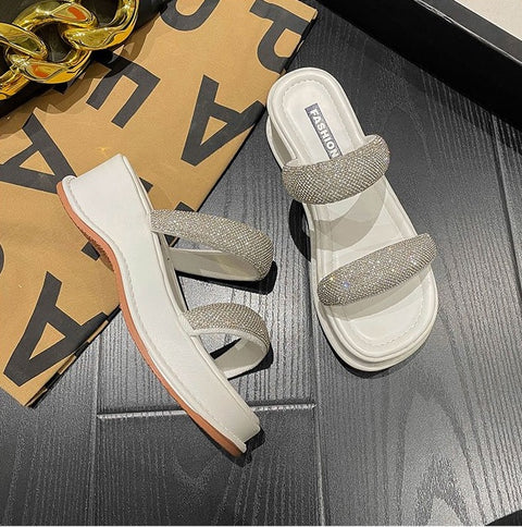 New Sequin Thick Bottoming Round Head Open Toe Flat Sandals CODE: KAR2116