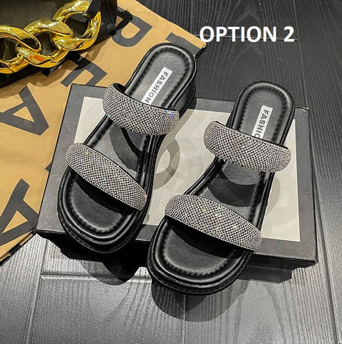 New Sequin Thick Bottoming Round Head Open Toe Flat Sandals CODE: KAR2116