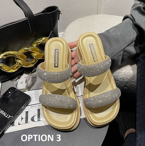 New Sequin Thick Bottoming Round Head Open Toe Flat Sandals CODE: KAR2116