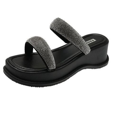 New Sequin Thick Bottoming Round Head Open Toe Flat Sandals CODE: KAR2116