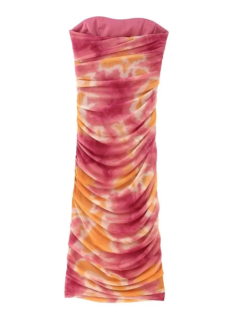 Sexy Strapless Color Matching Tie Dye Printing Side Zipper Slim Midi Dress CODE: KAR2117