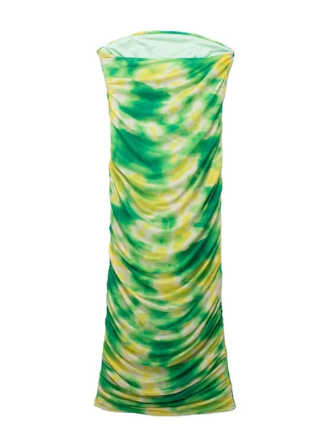 Sexy Strapless Color Matching Tie Dye Printing Side Zipper Slim Midi Dress CODE: KAR2117