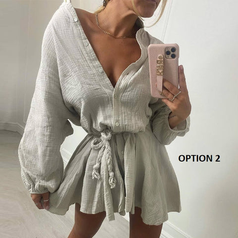 Autumn Elegant Button Stand Neck Casual Long Sleeve Twist Belted Mini Dress CODE: KAR2120