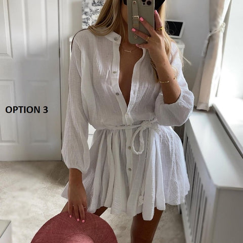 Autumn Elegant Button Stand Neck Casual Long Sleeve Twist Belted Mini Dress CODE: KAR2120