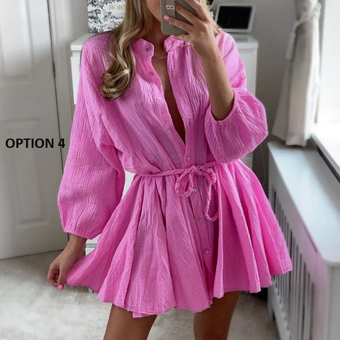 Autumn Elegant Button Stand Neck Casual Long Sleeve Twist Belted Mini Dress CODE: KAR2120