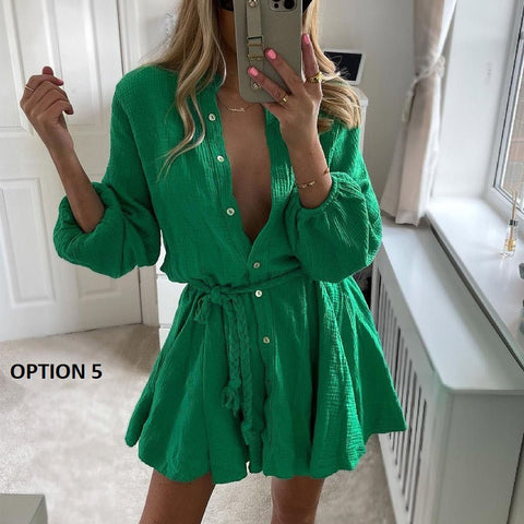Autumn Elegant Button Stand Neck Casual Long Sleeve Twist Belted Mini Dress CODE: KAR2120