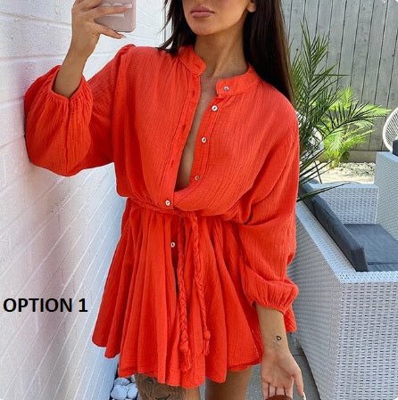 Autumn Elegant Button Stand Neck Casual Long Sleeve Twist Belted Mini Dress CODE: KAR2120