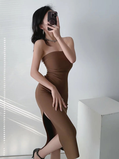 Sexy Ruched Waist Strapless Side Slit Off Shoulder Midi Long Dress CODE: KAR2128