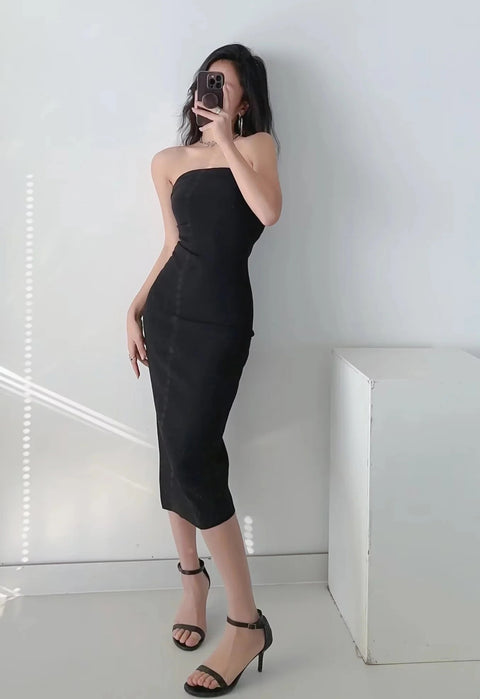 Sexy Ruched Waist Strapless Side Slit Off Shoulder Midi Long Dress CODE: KAR2128