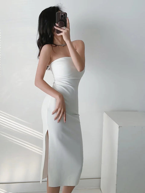 Sexy Ruched Waist Strapless Side Slit Off Shoulder Midi Long Dress CODE: KAR2128
