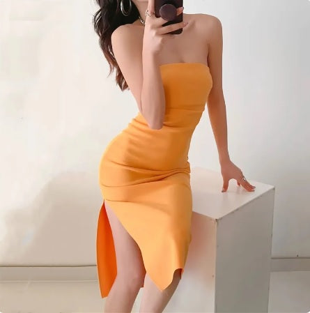 Sexy Ruched Waist Strapless Side Slit Off Shoulder Midi Long Dress CODE: KAR2128