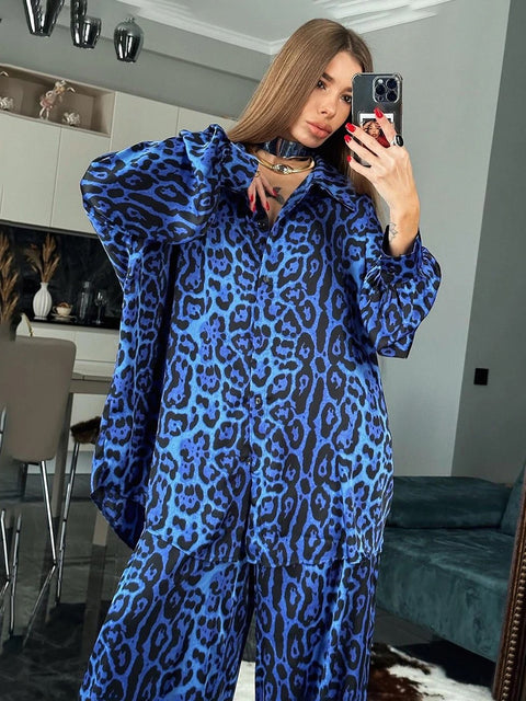 New Leopard Print Long Sleeve Turn-Down Collar Wide Leg Pant Pajamas Set CODE: KAR2133