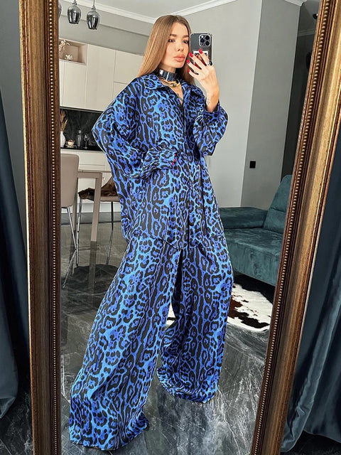 New Leopard Print Long Sleeve Turn-Down Collar Wide Leg Pant Pajamas Set CODE: KAR2133