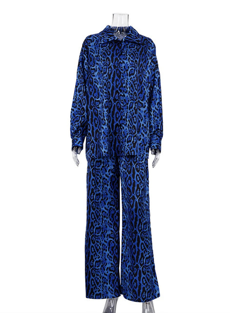 New Leopard Print Long Sleeve Turn-Down Collar Wide Leg Pant Pajamas Set CODE: KAR2133