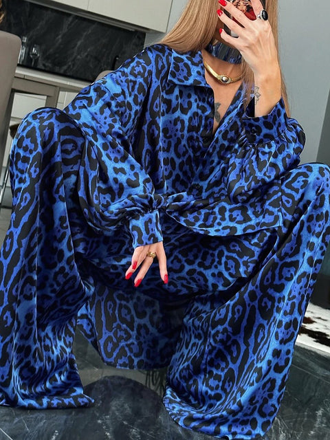 New Leopard Print Long Sleeve Turn-Down Collar Wide Leg Pant Pajamas Set CODE: KAR2133